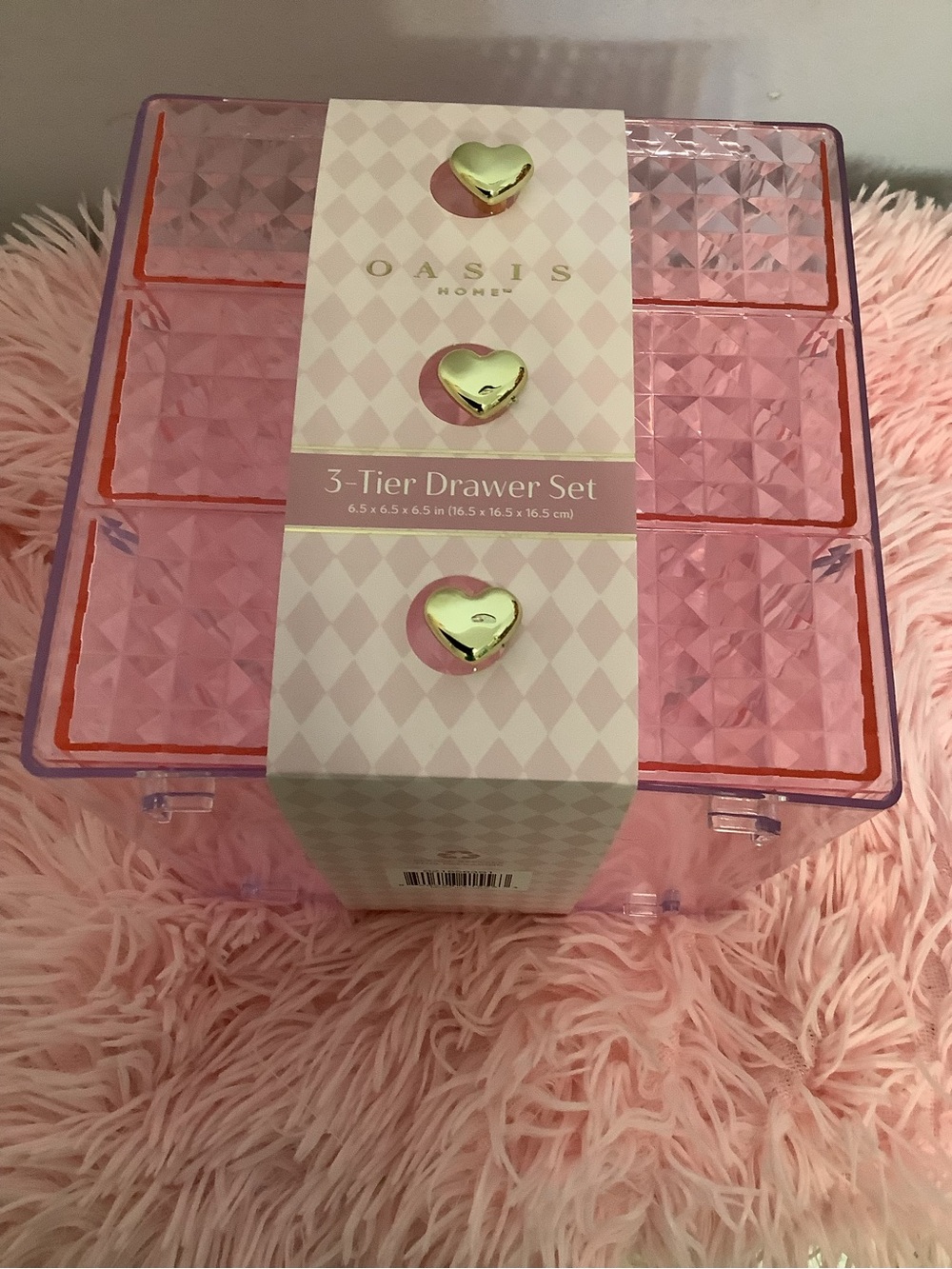 New Pink 3-Tier Acrylic Makeup Jewel Drawer Organizer with Gold Heart Pulls